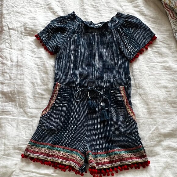 THML Anthropologie Blue Pom Pom Romper W/Embroidery & Pockets size: xs - Picture 3 of 8